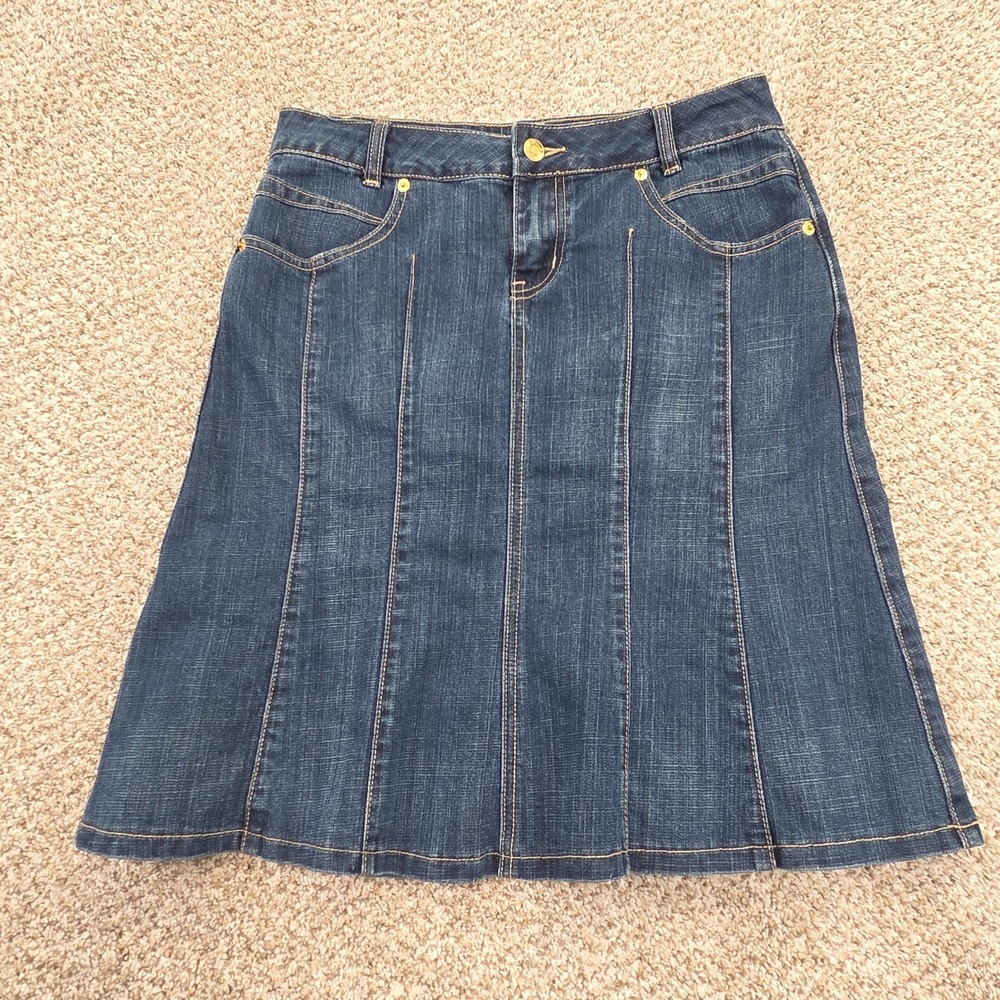 Vintage LA Blues Denim Pleated Flare Skirt Sz 6 Y2K Mid Rise Knee Length Preppy